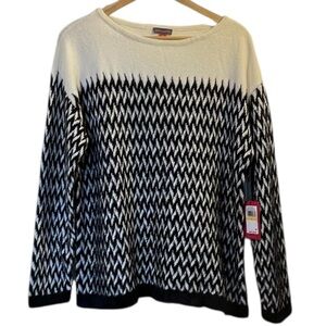 VINCE CAMUTO Black/Ivory Stripe Crew Neck Faux Fur Trim Pullover Sweater Medium